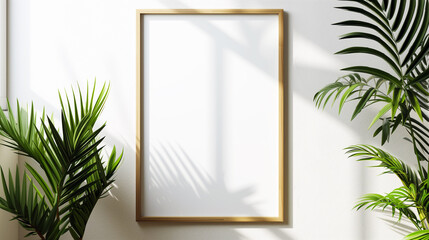 White sheet of paper in a white frame on a wooden background decorated with  green leaves