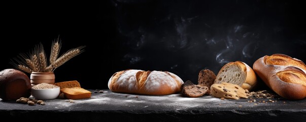 Different types of bread, rolls and pastries, food concept banner panorama. Generative Ai.