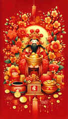 A resplendent illustration of the Chinese deity of wealth, set against a crimson backdrop filled with gold coins and flourishing blooms, celebrating Chinese New Year.