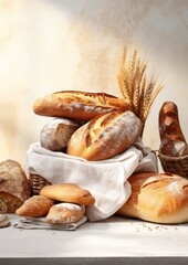 Different types of bread, rolls and pastries, food concept. Generative Ai.