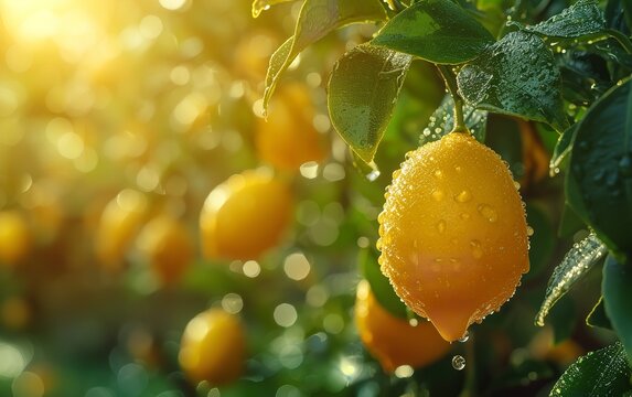 Lemon hanging in tree with water dues and morning sunshine with a big copy space, Generative AI.