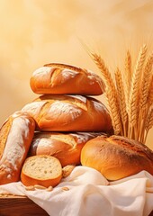 Different types of bread, rolls and pastries, food concept. Generative Ai.