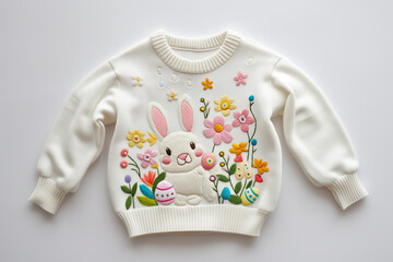 
Children's easter sweater, Easter bunny, flowers, Easter eggs . embroidered art, highly detailed, with a white background