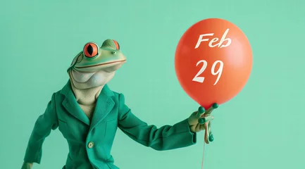 Foto op Plexiglas Cute frog wearing green vintage suit holds out a ballon with "Feb 29" inscription on it. Isolated on pastel green background. leap year concept  © ALL YOU NEED studio