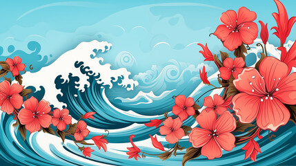 AAPI heritage month. Asian American and Pacific Islander. Bright colorful banner with waves and tropical hibiscus flowers.