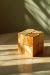 
design of whimsical wooden puzzle cube isolated on background . 