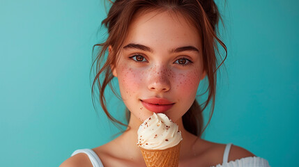 young beautiful brunette with brown eyes stands and eats ice cream, light blue background
