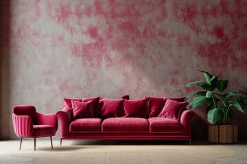 Living room in trend viva magenta color 2023 year. A bright sofa accent. Plaster microcement wall...