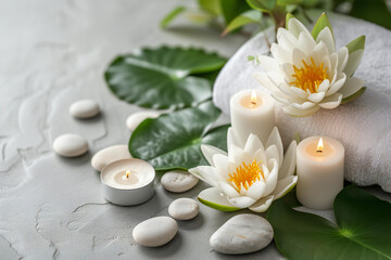 
lotus flowers, white towell, oval stones, candles,green leaves. spa concept isolated on light grey background. spa content