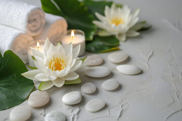 Fototapeta na wymiar lotus flowers, white towell, oval stones, candles,green leaves. spa concept isolated on light grey background. spa content