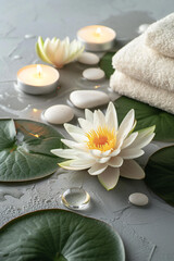 Fototapeta na wymiar lotus flowers, white towell, oval stones, candles,green leaves. spa concept isolated on light grey background. spa content