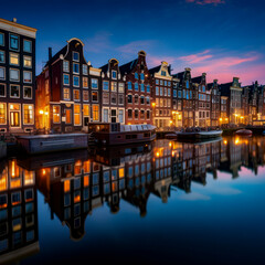 Obraz premium lifestyle photo night amsterdam houses reflection.