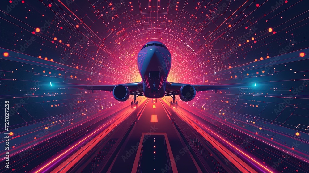 Poster a digitally enhanced image of an airplane accelerating on a runway surrounded by a tunnel of neon li