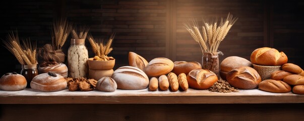 Obraz na płótnie Canvas Different types of bread, rolls and pastries, food concept banner panorama. Generative Ai.