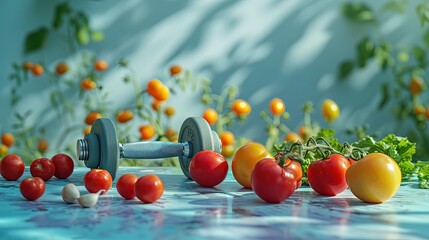 A scene combining fitness with nutrition, featuring dumbbells and a variety of fresh tomatoes on a light blue background.