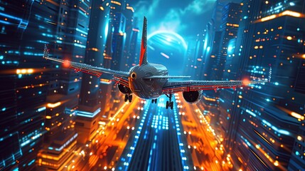 Fototapeta na wymiar An airplane with glowing lights flies over a cityscape bathed in neon illumination, showcasing a futuristic urban travel scene.