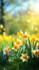 Easter Meadow: Spring Background with Daffodils on Sunny Day