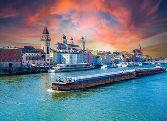 Skyline Passau with ship on the danube in Germany Bavaria