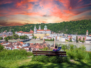 View over the city of Passau in Lower Bavaria with dom st. stephan