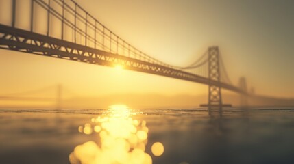 The setting sun casts a golden hue over a suspension bridge, with the light reflecting and glittering on the water's surface.