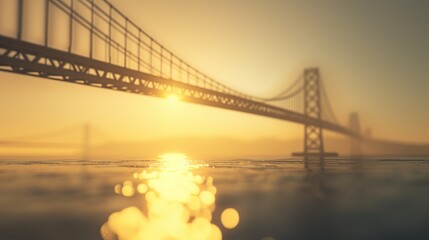 Fototapeta premium The setting sun casts a golden hue over a suspension bridge, with the light reflecting and glittering on the water's surface.