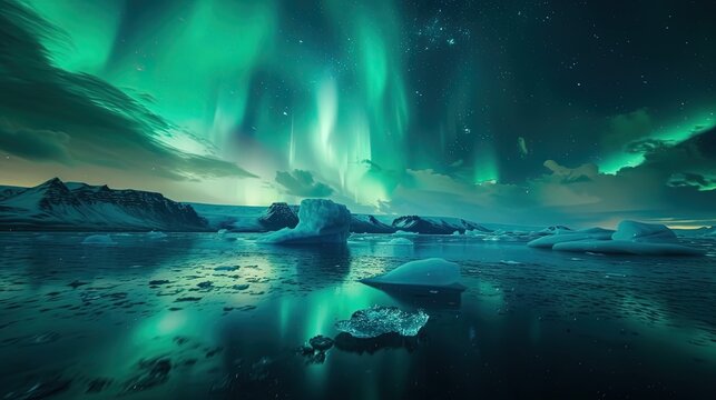 A mesmerizing display of the aurora borealis illuminates the night sky above tranquil arctic icebergs, reflecting in the calm icy waters.