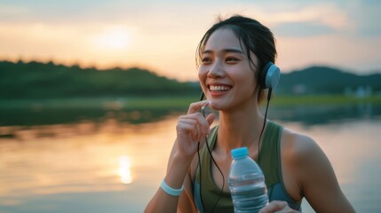 Young woman enjoying sunset with headphones, feeling of joy and relaxation