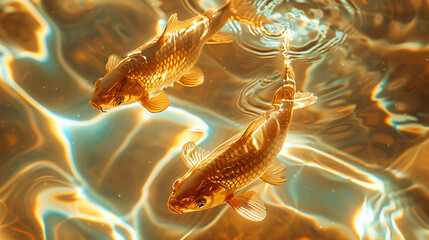 Two golden fish swimming in a crystal clear pond. The water appears to be rippling. The pond has a unique texture - obrazy, fototapety, plakaty
