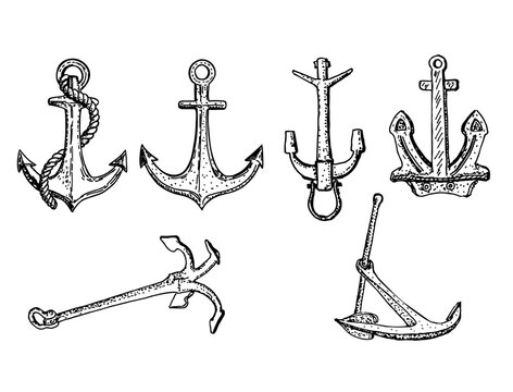 Vector hand drawn anchor icon set. Design template for tattoos, t-shirt, logo, labels. Anchor with rope. Antique vintage marine Vector illustration isolated on white background.