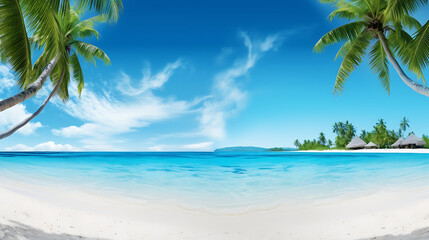 Fototapeta na wymiar coco palms wide panorama with white sand background, beautiful tropical beach banner concept