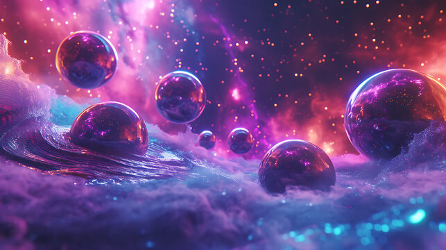 3D render A celestial ballet of holographic planets swirling in a neon nebula