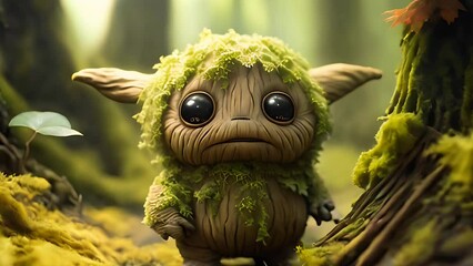 Tiny fantasy green creature in the woods