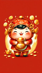 An ecstatic child, clad in a festive red Chinese costume, holds a golden ingot with a cascade of gold coins around, embodying the wealth and joy of the Chinese New Year.