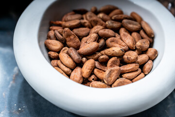 natural cocoa beans displayed on a plate