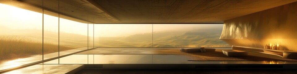 Modern minimalist living room with expansive countryside view, golden hour sunlight bathing the interior, luxury home concept