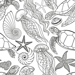 Sea creatures. Art seamless pattern on the marine theme with turtles, jellyfish, underwater plants,starfish, seashells on white background. Vector. Perfect for design templates, wallpaper, wrapping - 727028844