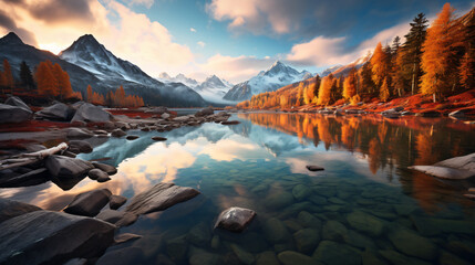 A mesmerizing view of a mountain lake surrounded by autumn foliage. Generative AI