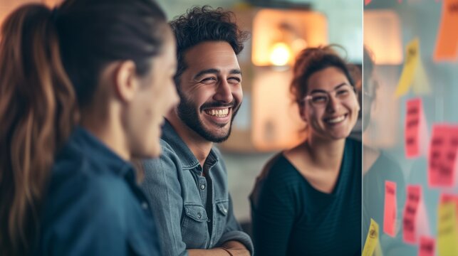 Three colleagues with sticky notes in a brainstorming session, smiling and engaging in collaborative teamwork for creative project planning