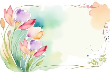Watercolor drawing. Greeting card with spring flowers. Congratulations on Women's Day. Abstract floral background with a frame and a place for text