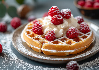 Raspberry Waffle Extravaganza, A golden-brown waffle adorned with whipped cream and fresh raspberries and blueberries, dusted with powdered sugar on a plate