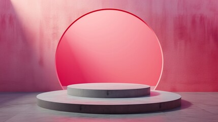 Vibrant Pink Podium with Elegant Circular Backdrop, Ideal for Modern Product Showcases and Bold Advertising