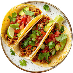 Tacos isolated on white transparent background, top view, ultra realistic food photo