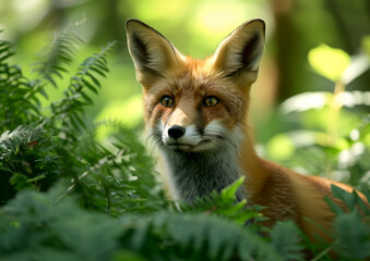 Forest Prowler: Red Fox Amidst Greenery, A red fox peeks through lush green foliage, its keen eyes alert and coat vibrant against the verdant backdrop