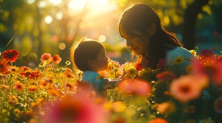 Portrait of Japanese woman playing with her kid in flower garden in sunset with a big empty space, Generative AI.