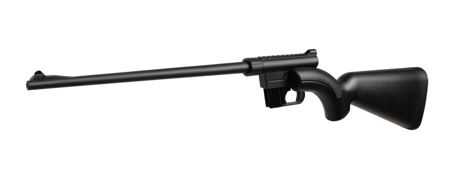 Small-bore bolt rifle in a plastic stock of .22lr. Small rifled weapon for hunting and sports. Isolate on a white back.