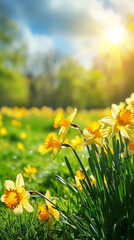 Easter Meadow: Spring Background with Daffodils on Sunny Day