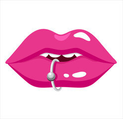 Beautiful lips with piercing. Lip piercing icon. Face jewelry. Piercing studio logo. Black illustration isolated on white background.