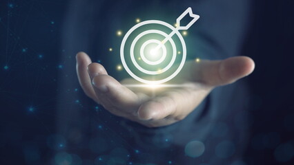 Digital Marketing. Businessman building goals with business networking icons target for business investment concept, Digital marketing, Business goal and technology concept.
