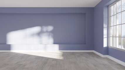Empty blue wall interior with wooden floor, big window and daylight glare. Mock up template for product display
