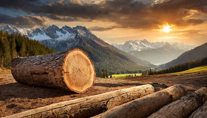 Wood logs on meadow with mountains in background at sunset - obrazy, fototapety, plakaty